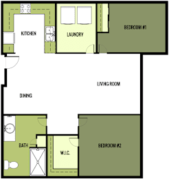 A floor plan of a living space with two bedrooms, a laundry room, and a kitchen.