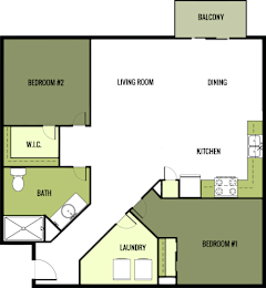 A floor plan of a house with a balcony, two bedrooms, a living room, a dining area, a kitchen, a bathroom, and a laundry room.