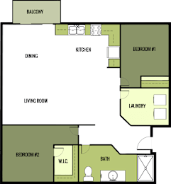 A floor plan of a house with a balcony, two bedrooms, a living room, a kitchen, a dining area, a bathroom, and a laundry room.