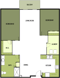 A floor plan of a house with two bedrooms, a living room, a dining room, a kitchen, a bathroom, and a laundry room.