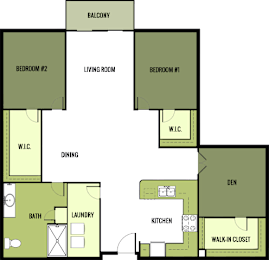 A floor plan of a house with a balcony, two bedrooms, a living room, a dining area, a kitchen, a bathroom, a laundry room, and a walk-in closet.