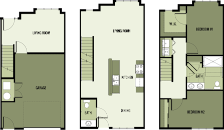 A floor plan of a house with three bedrooms, a garage, and a dining area.