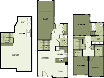 A floor plan of a house with three bedrooms, a garage, a living room, a dining area, a kitchen, a laundry room, a bathroom, a basement, and a utility room.