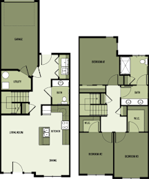 A floor plan of a house with three bedrooms, a living room, a dining room, a kitchen, a bath, a utility room, and a garage.
