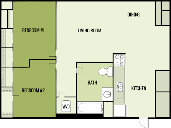 A floor plan of a small apartment with two bedrooms, a living room, a kitchen, a bathroom, and a dining area.