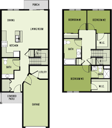 A floor plan of a house with a porch, three bedrooms, a living room, a kitchen, a dining area, a utility room, a covered patio, and a garage.