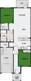 A floor plan of a house with a living room, dining room, kitchen, two bedrooms, a bathroom, a utility room, and a covered porch.