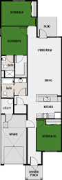 A floor plan of a house with three bedrooms, a garage, a pantry, a living room, a dining room, a kitchen, a covered porch, and a bathroom.