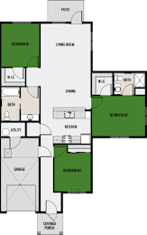 A floor plan of a house with three bedrooms and a garage.