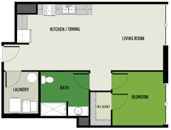 A floor plan of a small apartment with a laundry room, kitchen/dining area, living room, and bedroom.