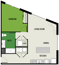 A floor plan of a house showing a bedroom, living room, kitchen, dining area, bathroom, and laundry.
