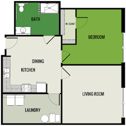 A floor plan of a house with a living room, dining kitchen, laundry, bath, and bedroom.