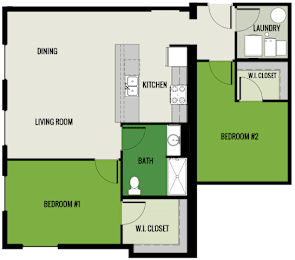 A floor plan of a house with a laundry room and two bedrooms.