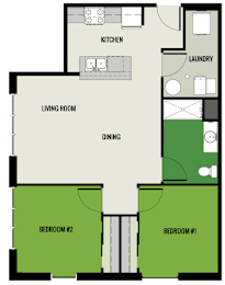 A floor plan of a house with two bedrooms, a living room, a dining area, a kitchen, and a laundry room.