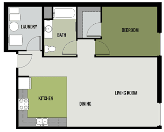 A floor plan of a small apartment with a laundry room, bedroom, living room, kitchen, and dining area.