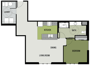 A floor plan of a house with a laundry room, kitchen, dining room, living room, and bathroom.