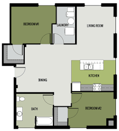A floor plan of a house with two bedrooms, a living room, a dining area, a kitchen, a laundry room, and a bathroom.