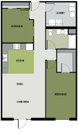 A floor plan of a two bedroom apartment with a living room, dining area and kitchen.