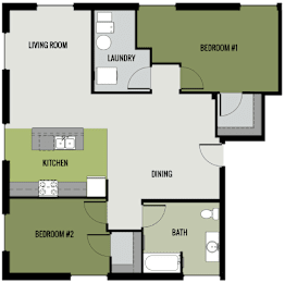 A floor plan of a house with a living room, two bedrooms, a kitchen, a dining area, and a bathroom.