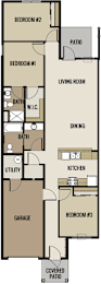A floor plan of a house with three bedrooms, a living room, a dining area, a kitchen, a utility room, a garage, and a covered patio.