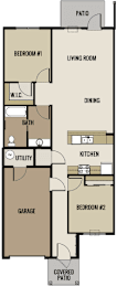 A floor plan of a house with a living room, dining room, kitchen, two bedrooms, a garage, and a covered patio.