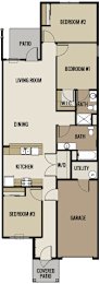 A floor plan of a house with labeled rooms such as Bedroom #1, Kitchen, and Living Room.