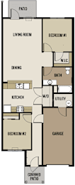A floor plan of a house with a living room, dining room, kitchen, two bedrooms, a garage, a utility room, and a covered patio.