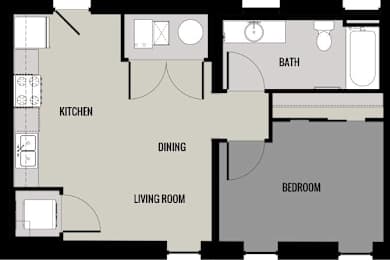 A floor plan of a house with a kitchen, living room, dining room, bedroom and bathroom.
