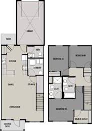 A floor plan of a house with labeled rooms such as Bedroom 1, Bath, Kitchen, and Living Room.