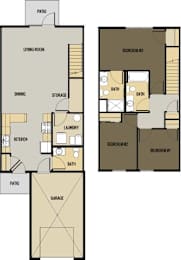 A floor plan of a house with labeled rooms such as living room, kitchen, and bedrooms.