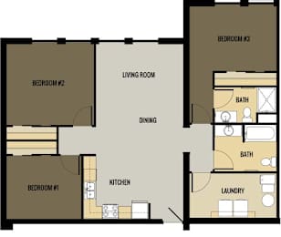 A floor plan of a house with three bedrooms, a living room, a kitchen, a dining area, a bathroom, and a laundry room.