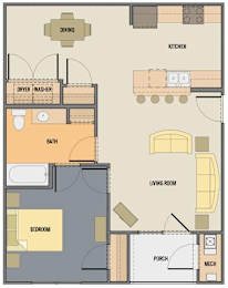 A floor plan of a house with a kitchen, living room, and bedroom.