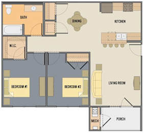 A floor plan of a house with two bedrooms, a living room, a kitchen, a dining room, a bathroom, a porch, and a workshop.