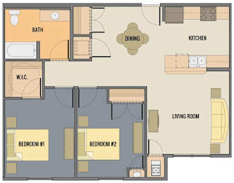 A floor plan of a house showing a living room, two bedrooms, a kitchen, a dining area, a bathroom, and a workspace.