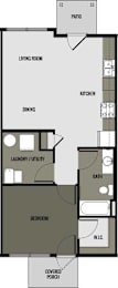 A floor plan of a house with a living room, kitchen, dining area, laundry/utility, bathroom, bedroom, and covered porch.