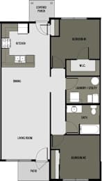 A floor plan of a house with a living room, kitchen, dining area, and two bedrooms.