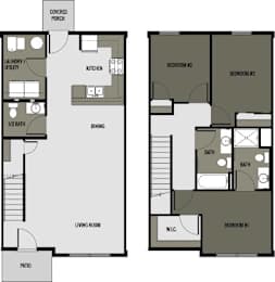 A floor plan of a house with a living room, kitchen, dining area, and three bedrooms.