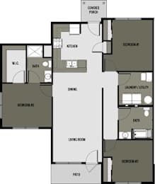 A floor plan of a house with labeled rooms such as kitchen, living room, and bedrooms.