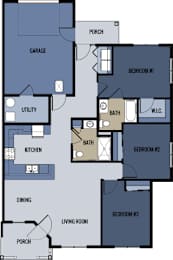A floor plan of a house with three bedrooms, a garage, a living room, a dining area, a kitchen, a porch, and a utility space.
