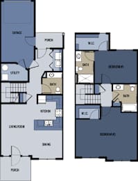 A floor plan of a two bedroom apartment with a living room, kitchen, and bathrooms.