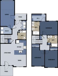 A floor plan of a house with three bedrooms, a living room, a dining area, a kitchen, a porch, a garage, and a utility space.