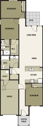A floor plan of a house with three bedrooms, a garage, a living room, a dining room, a kitchen, a bathroom, a utility room, and a covered porch.
