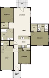 A floor plan of a house with a garage and a covered porch.