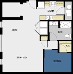 A floor plan of a house with a living room, dining room, kitchen, bath, and bedroom.