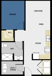 A floor plan of a small apartment with a bedroom, living room, kitchen, and bathroom.