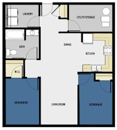 A floor plan of a small apartment with two bedrooms, a living room, a kitchen, a bathroom, a laundry area, and a utility/storage space.