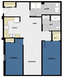 A floor plan of a two bedroom apartment with a living room, kitchen, dining room, bathroom and laundry room.