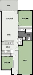 A floor plan of a house with a garage and two bedrooms.