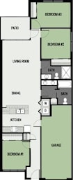 A floor plan of a house with a garage and three bedrooms.