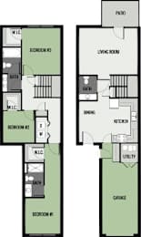 A floor plan of a house with three bedrooms, a living room, a dining room, a kitchen, a garage, and a patio.
